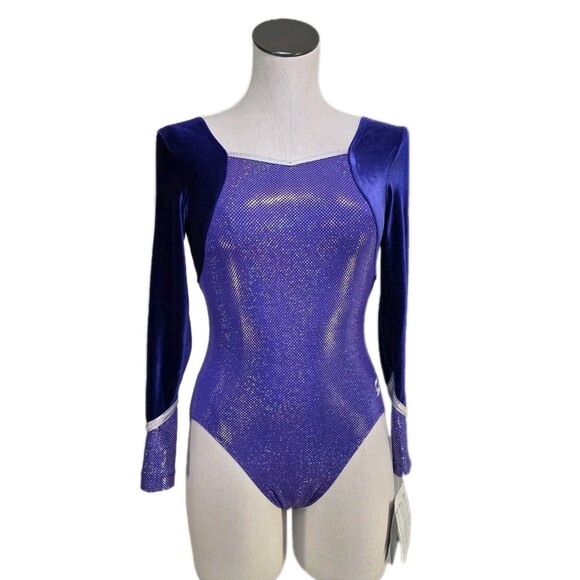 GK Tops - GK Elite VTG Royal Pixelated LS Velvet Sleeves Leotard Blue Violet AS Adult S